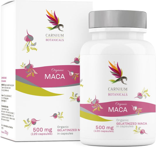 Maca Peruviana Gelatinizzata Bio 120 capsule Carnium Botanicals - confezione e barattolo