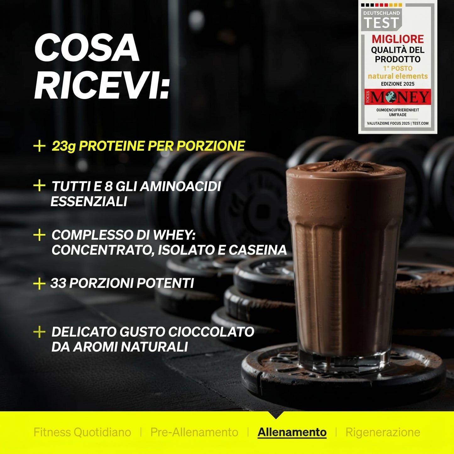 Whey Protein Cioccolato 1kg Natural Elements 23g Senza Sucralose 33 Porzioni Bio