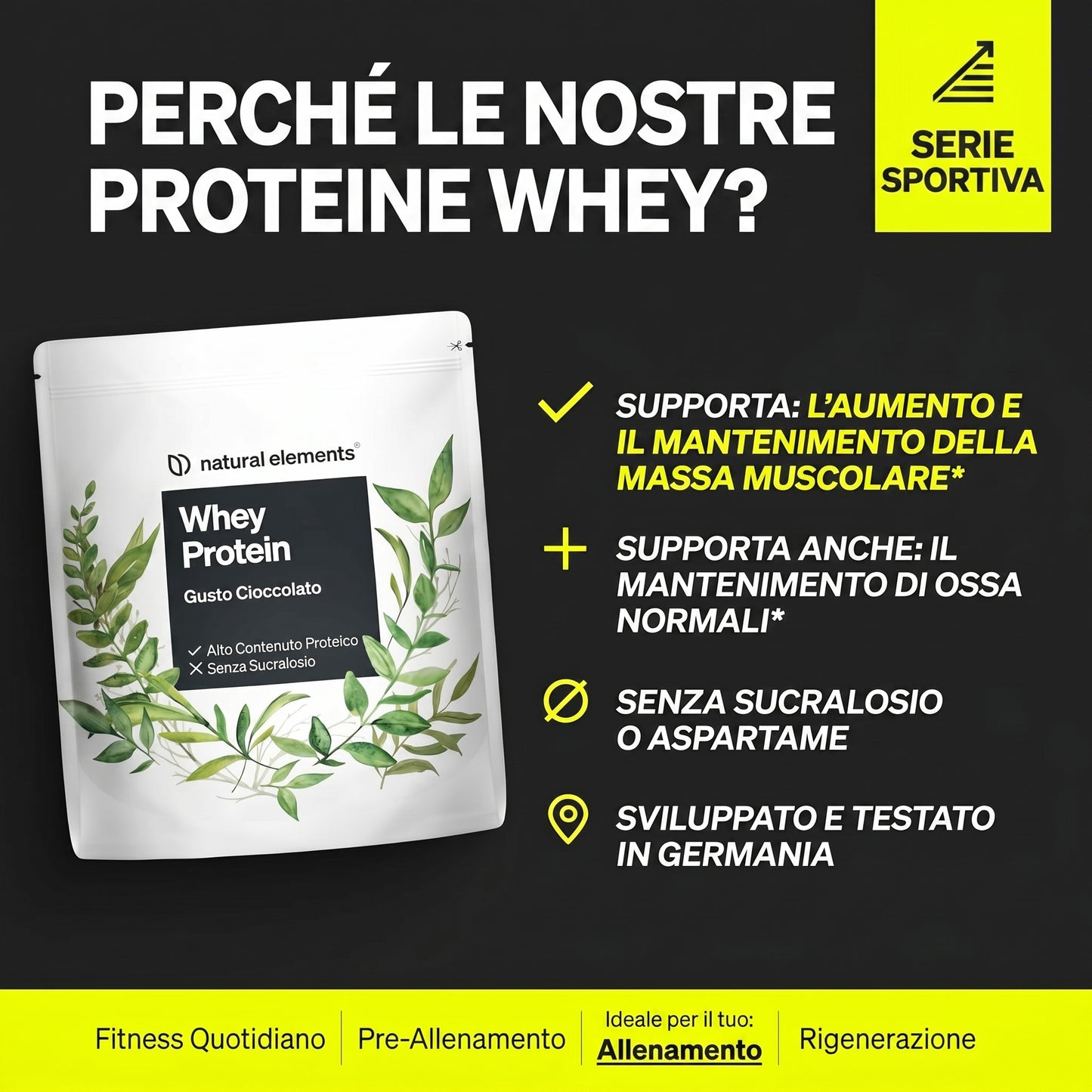 Whey Protein Cioccolato 1kg Natural Elements 23g Senza Sucralose 33 Porzioni Bio