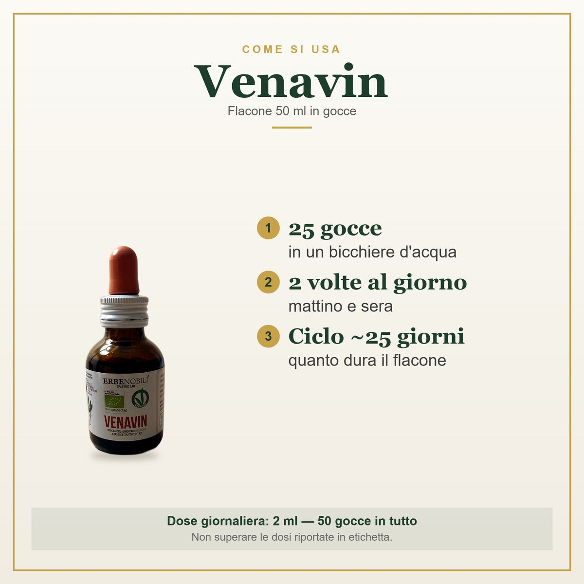 Come si usa Venavin, flacone 50 ml in gocce: 25 gocce in un bicchiere d'acqua, 2 volte al giorno mattino e sera, ciclo di circa 25 giorni