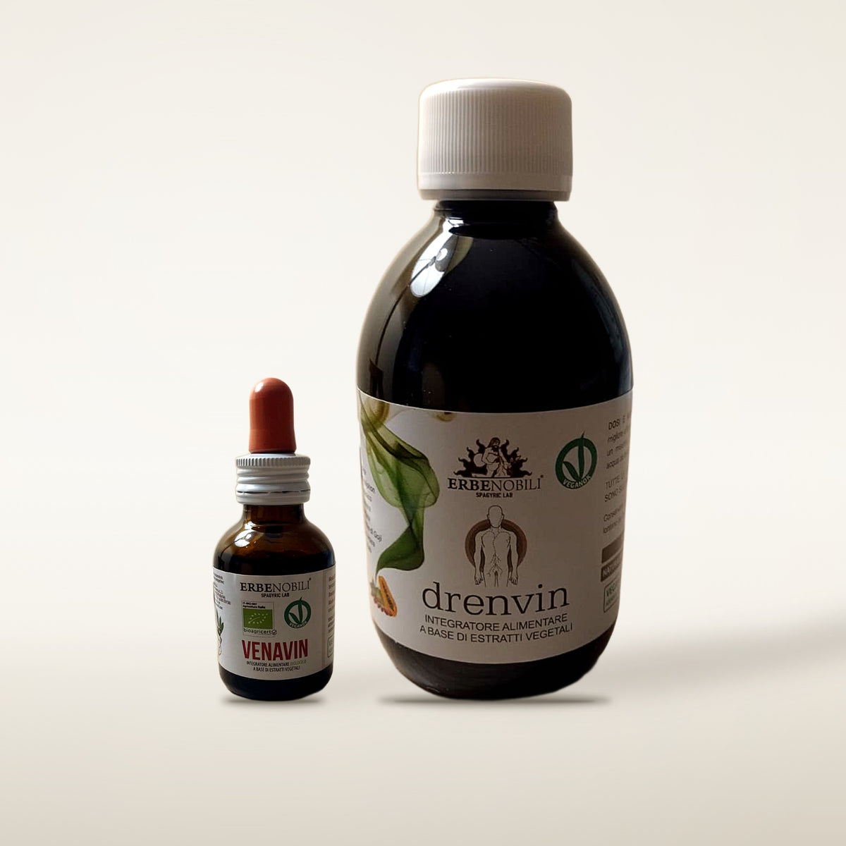 Kit Gambe Leggere ProEssenza Bio: flacone Venavin 50 ml in vetro ambrato con contagocce e flacone Drenvin 250 ml Erbenobili