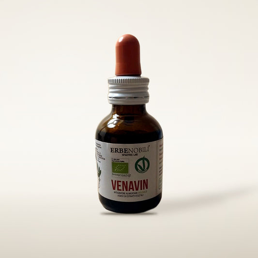 Venavin Erbenobili 50 ml: flacone in vetro ambrato con contagocce, integratore biologico di gemmoderivati con Ippocastano