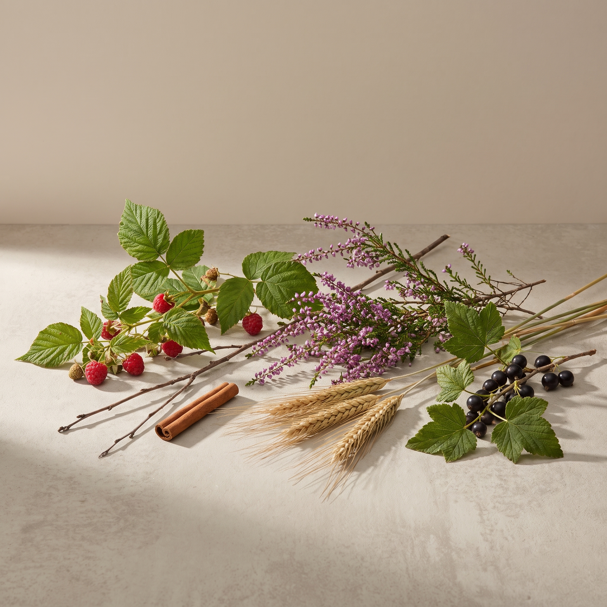Botaniche della formula Dolce Ciclo: lampone, frassino, erica, segale, ribes nero e cannella.