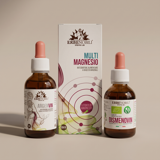 Kit Dolce Ciclo ProEssenza Bio: Dismenovin, Argenvin e Multimagnesio su fondale greige caldo.