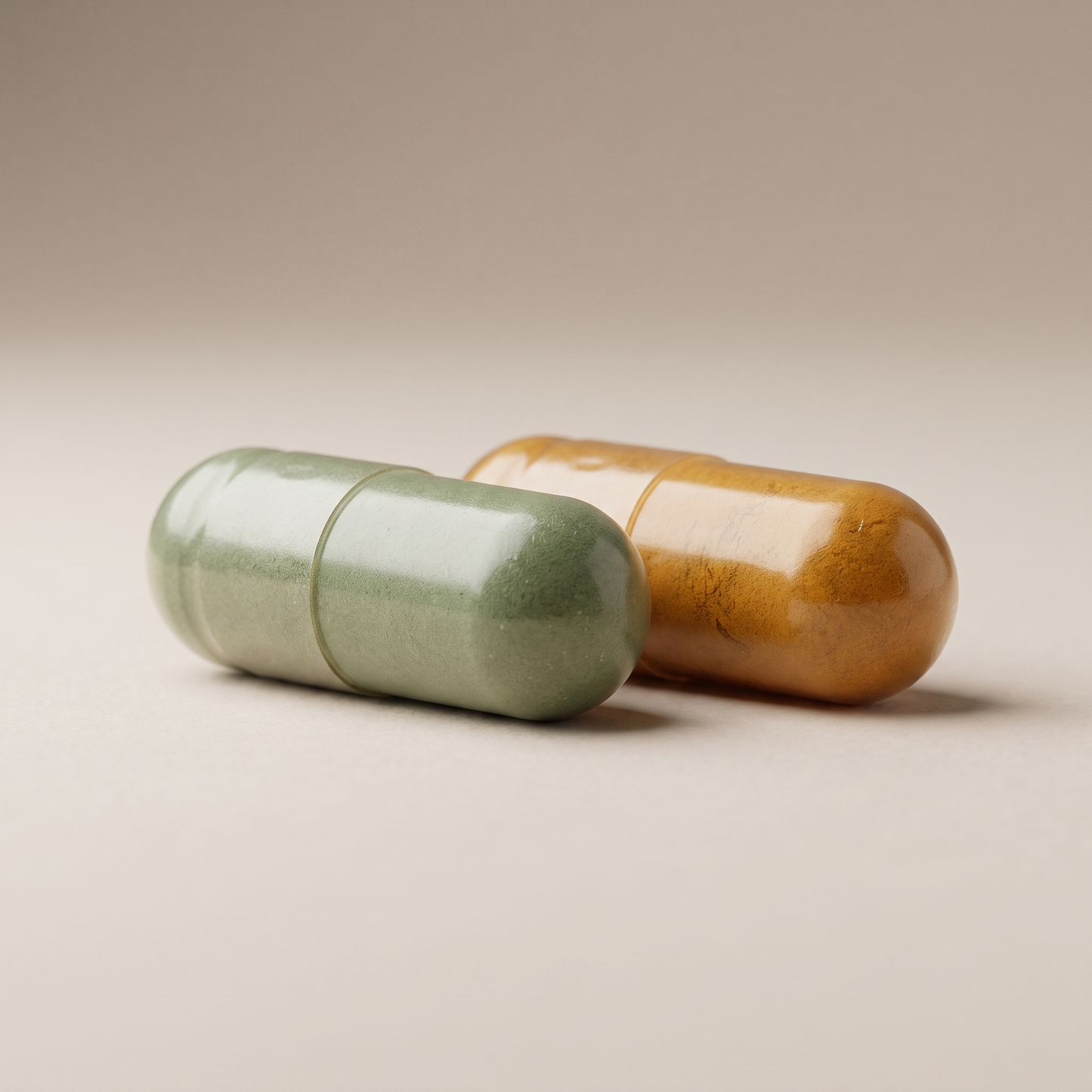 Macro di due capsule degli integratori del kit intestinale, dettaglio della superficie