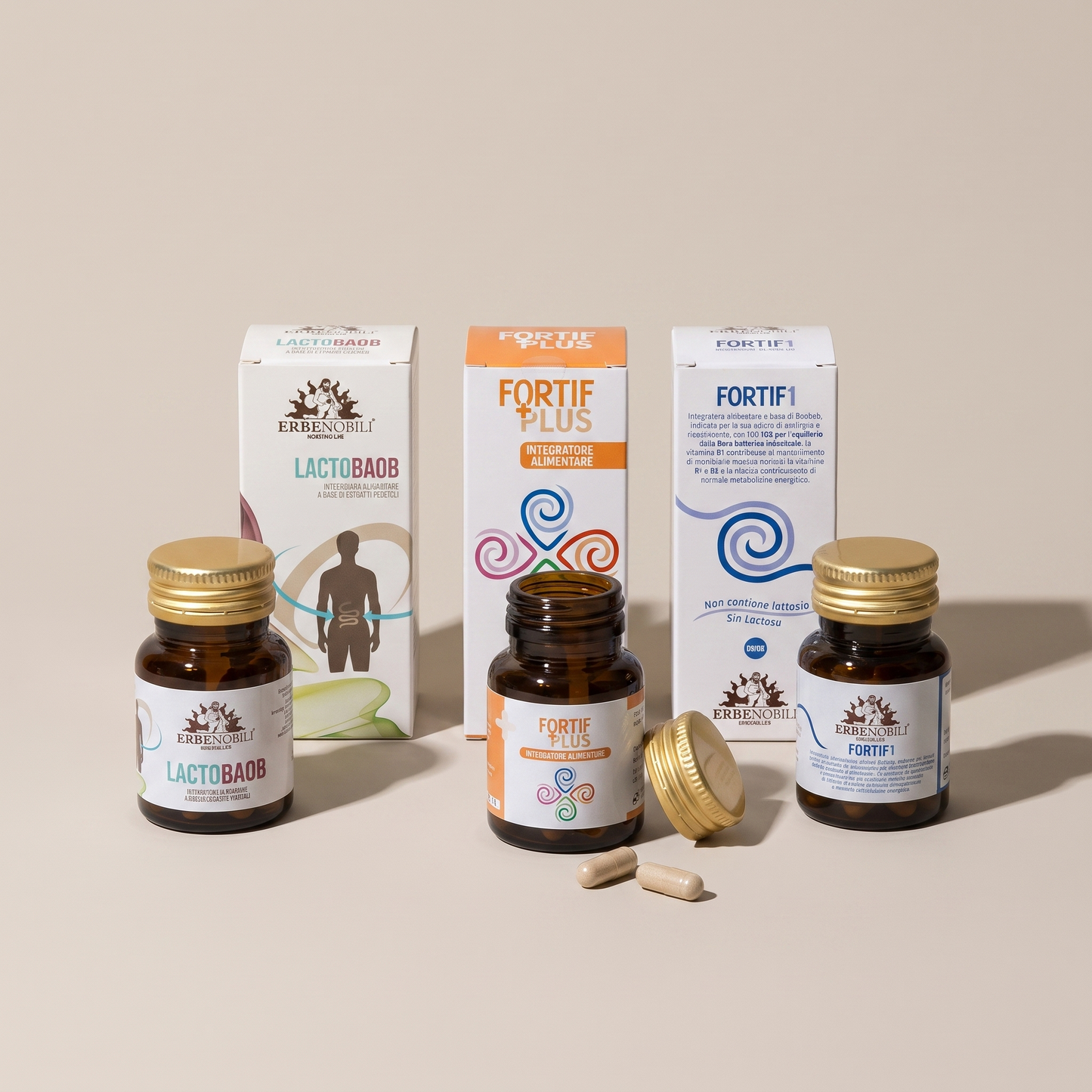 Astucci e vasetti del kit intestinale con capsule visibili, contenuto completo