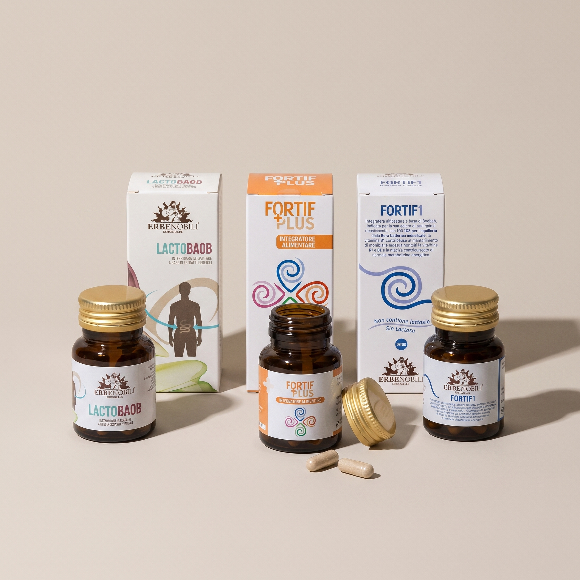 Astucci e vasetti del kit intestinale con capsule visibili, contenuto completo