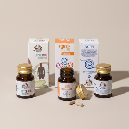 Astucci e vasetti del kit intestinale con capsule visibili, contenuto completo