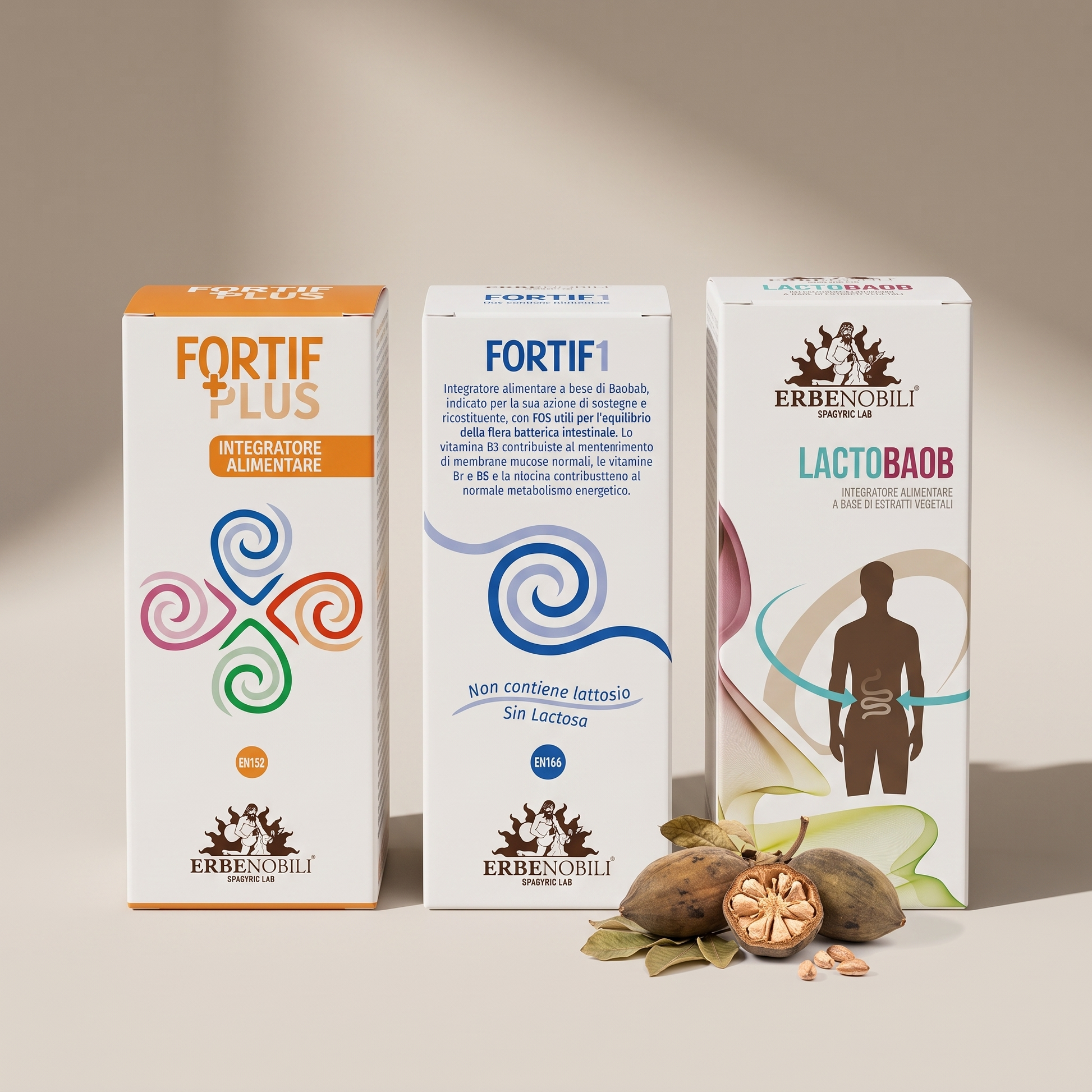 Kit Equilibrio Intestinale in Viaggio con Fortif1, Fortif Plus e Lactobaob su fondo greige