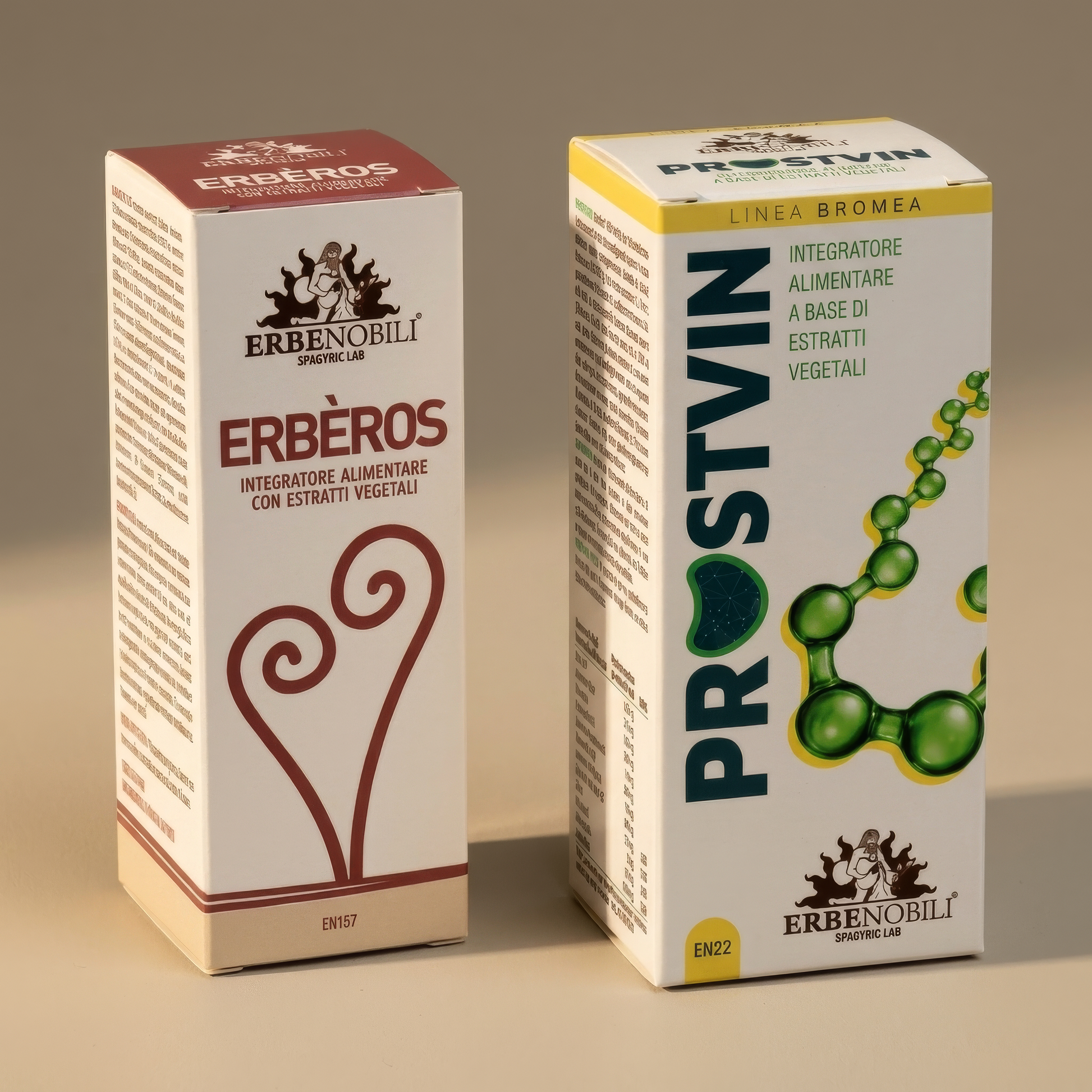Kit Uomo Prostvin ed Erberos di ProEssenza Bio su fondale greige caldo e luce morbida laterale