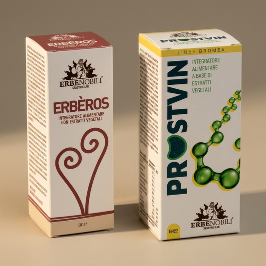 Kit Uomo Prostvin ed Erberos di ProEssenza Bio su fondale greige caldo e luce morbida laterale