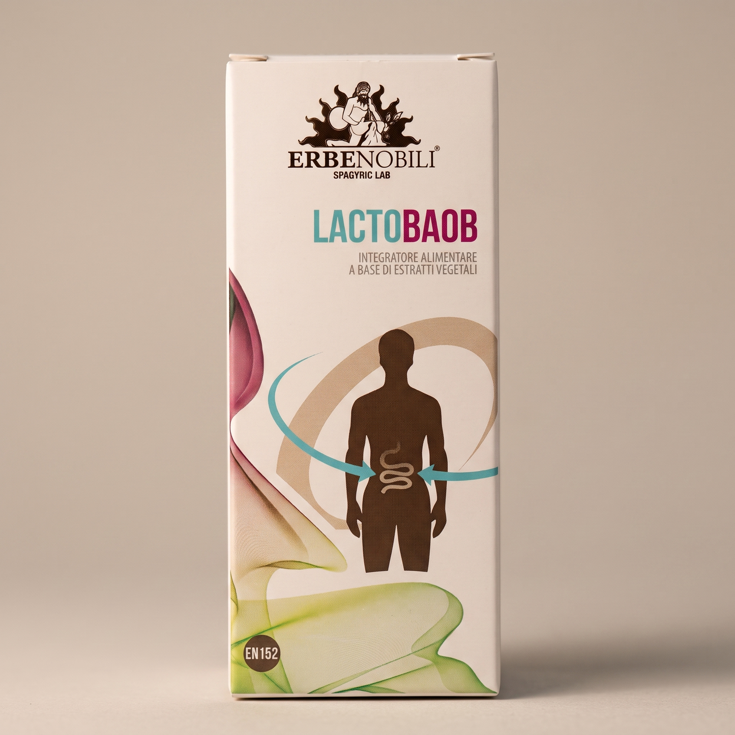 Etichetta frontale di Lactobaob con silhouette del corpo e nastri colorati