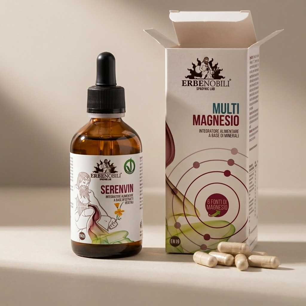 Contenuto del Kit Notti Serene: astuccio Multimagnesio aperto con capsule accanto al flacone Serenvin