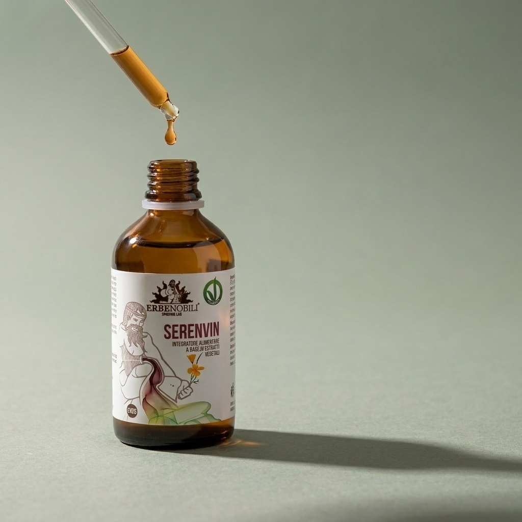 Contagocce Serenvin con goccia ambrata sospesa, dettaglio del Kit Notti Serene su fondo salvia