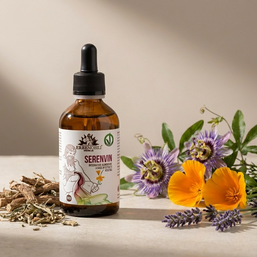 Piante della sera del Kit Notti Serene: valeriana, passiflora, escolzia e lavanda su fondale greige
