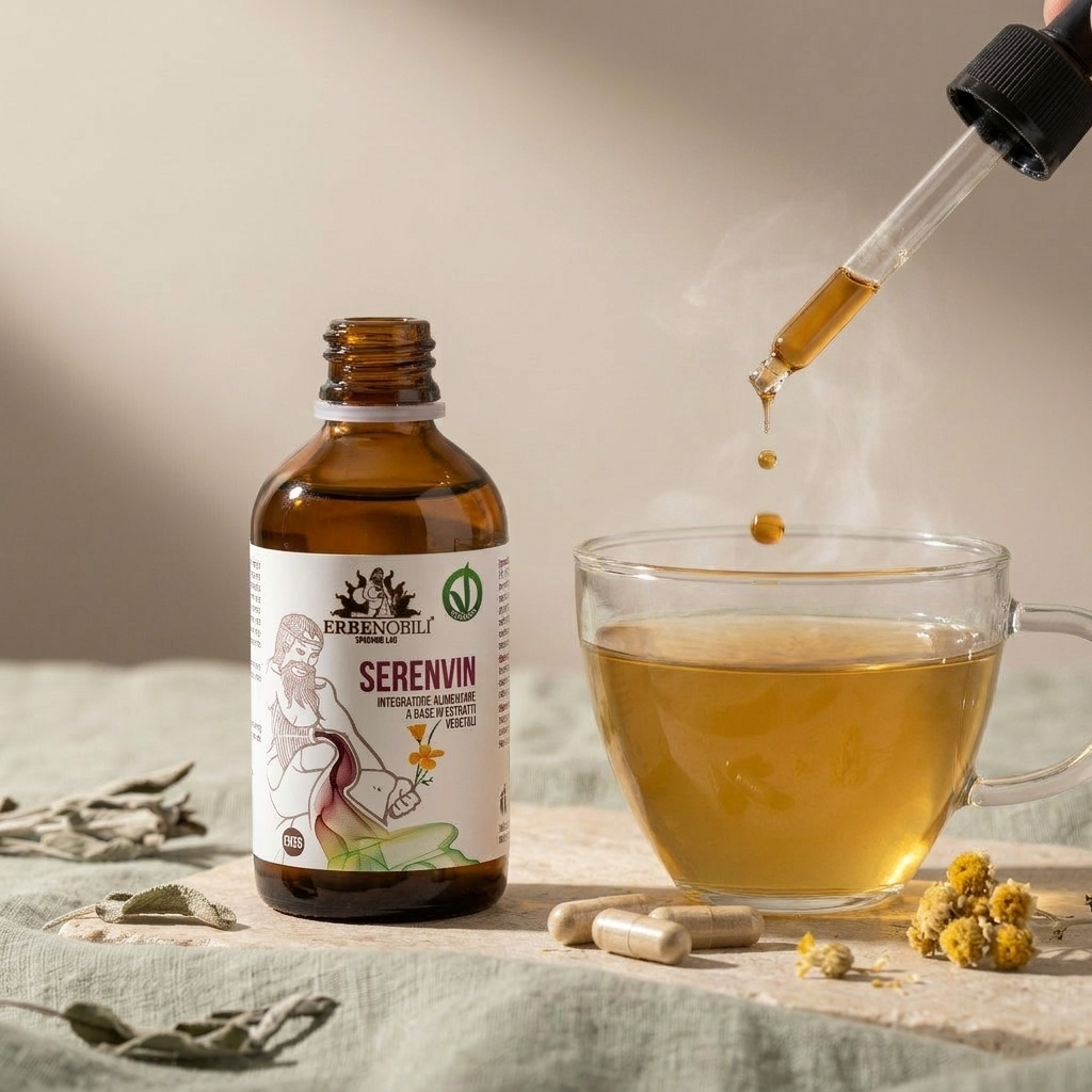 Modo d'uso del Kit Notti Serene: gocce di Serenvin in tisana e capsule di Multimagnesio