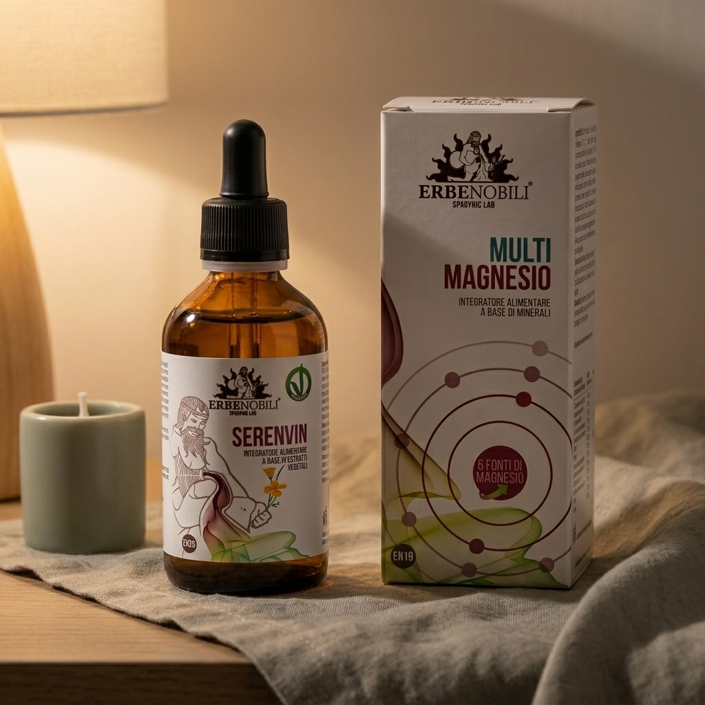 Rituale serale con il Kit Notti Serene su comodino in luce calda e atmosfera rilassante