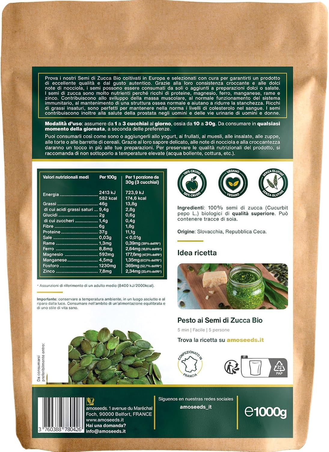 Semi di Zucca Bio amoseeds - confezione retro e valori nutrizionali