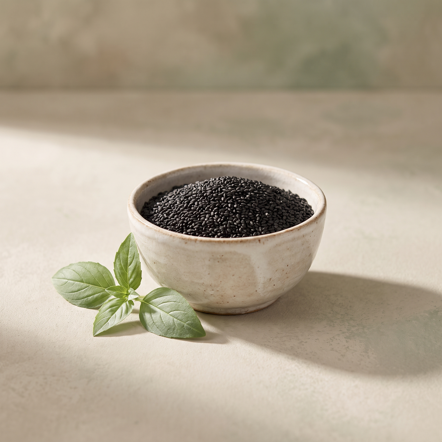 Ciotola di semi di basilico bio Amoseeds con rametto di basilico fresco su fondo naturale