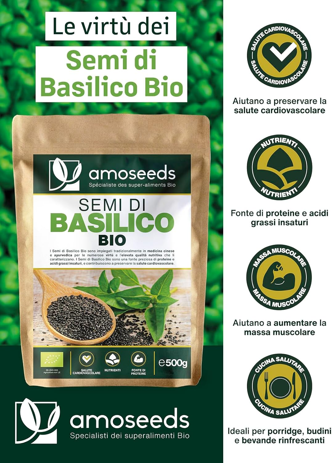 Etichetta della confezione di Semi di Basilico Bio Amoseeds 500 g