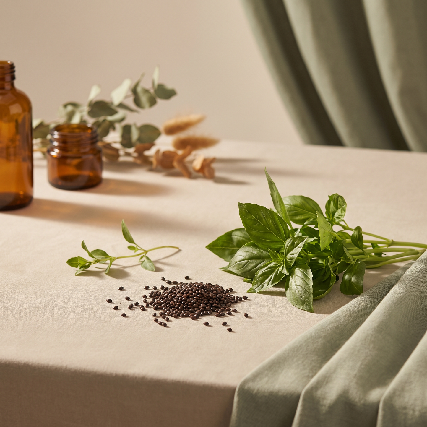 Semi di basilico biologici accanto a foglie di basilico fresco, origine botanica del superfood