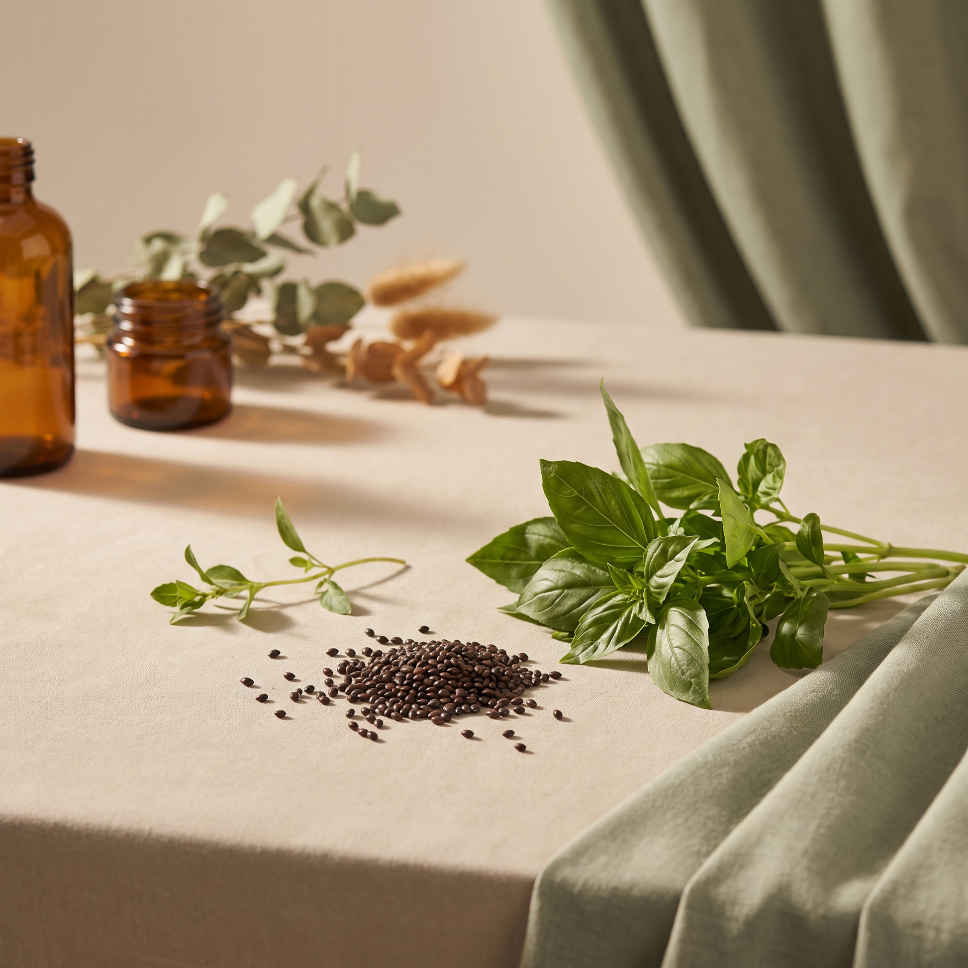 Semi di basilico biologici accanto a foglie di basilico fresco, origine botanica del superfood